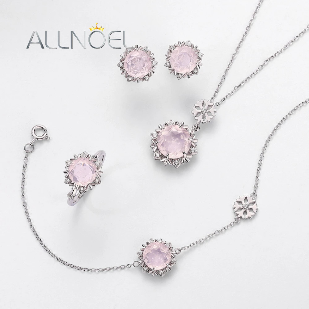 ALLNOEL Natural Rose Quartz Necklace for Women 925 Sterling Silver Pendant Winter Snow Fine Jewelry Merry Christmas Party Gifts 241220