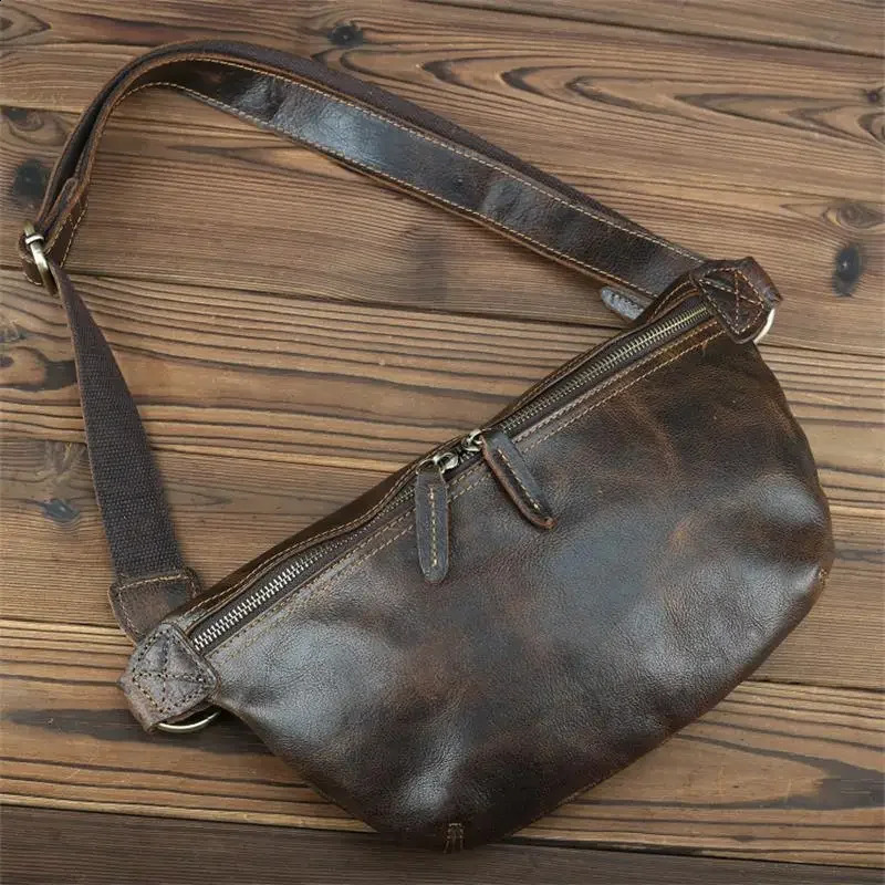 Real Leather Wait Bag Summer Outdoor Walking Bag Portable Waist Packs Crazy horse leather male fanny pack sling bag chest bag 241223
