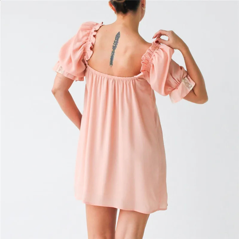 Gaono Womens Cute doll Mini Dress Y2k Square Collar Bow Tassel Dress Fairy Sweetheart Puff Short Sleeve Sundress Summer 241223