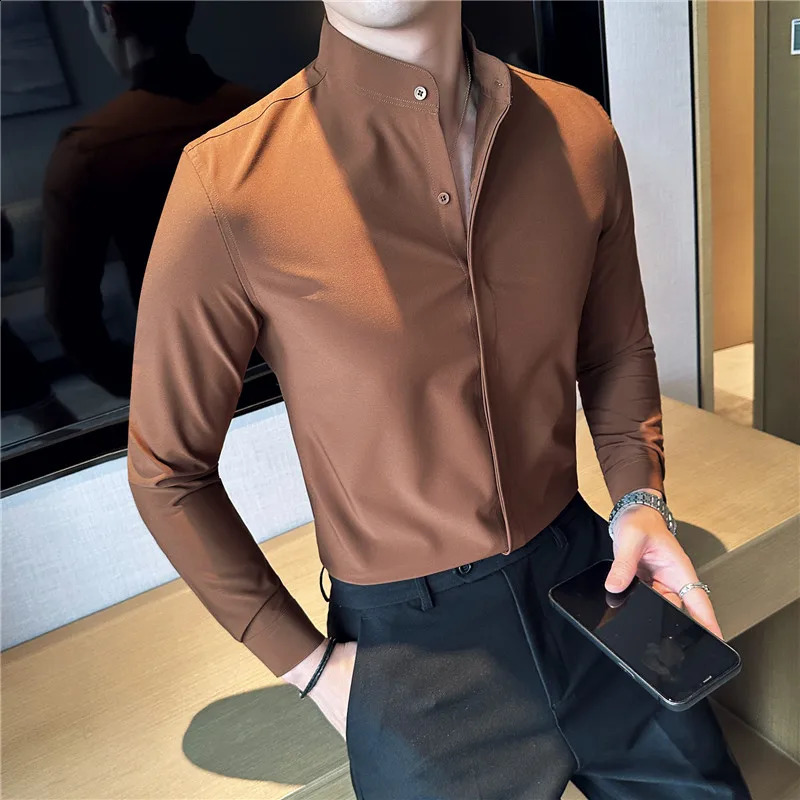 2024 Stand Collar Shirts For Men High Quality Hide Buttons Solid Slim Fit Business Party Wedding Dress Shirts 241223