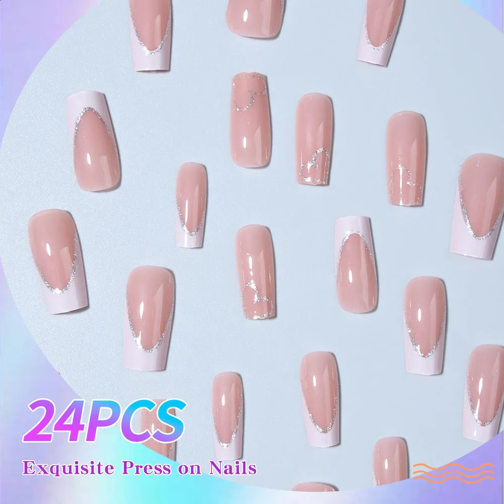 24pcs French long false nail square glitter love U-shaped press on nails detachable reusable suitable for women 241223