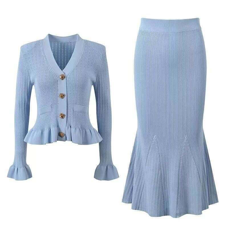 Dress Skirt Set French Elegant Knitted Two Piece Sets Women Ruffle V-Neck Long Sleeve Sweater Top High Waisted Midi Fishtail Skirt Vintage Suits