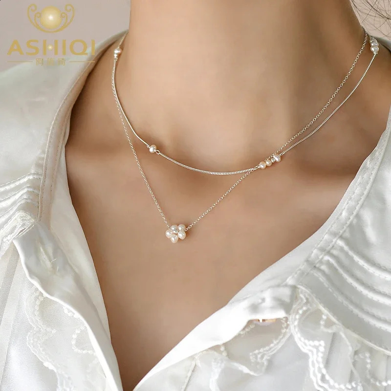 ASHIQI 925 Sterling Silver Natural Freshwater Pearl Flower Pendant Necklace Fashion Jewelry for Women 241220
