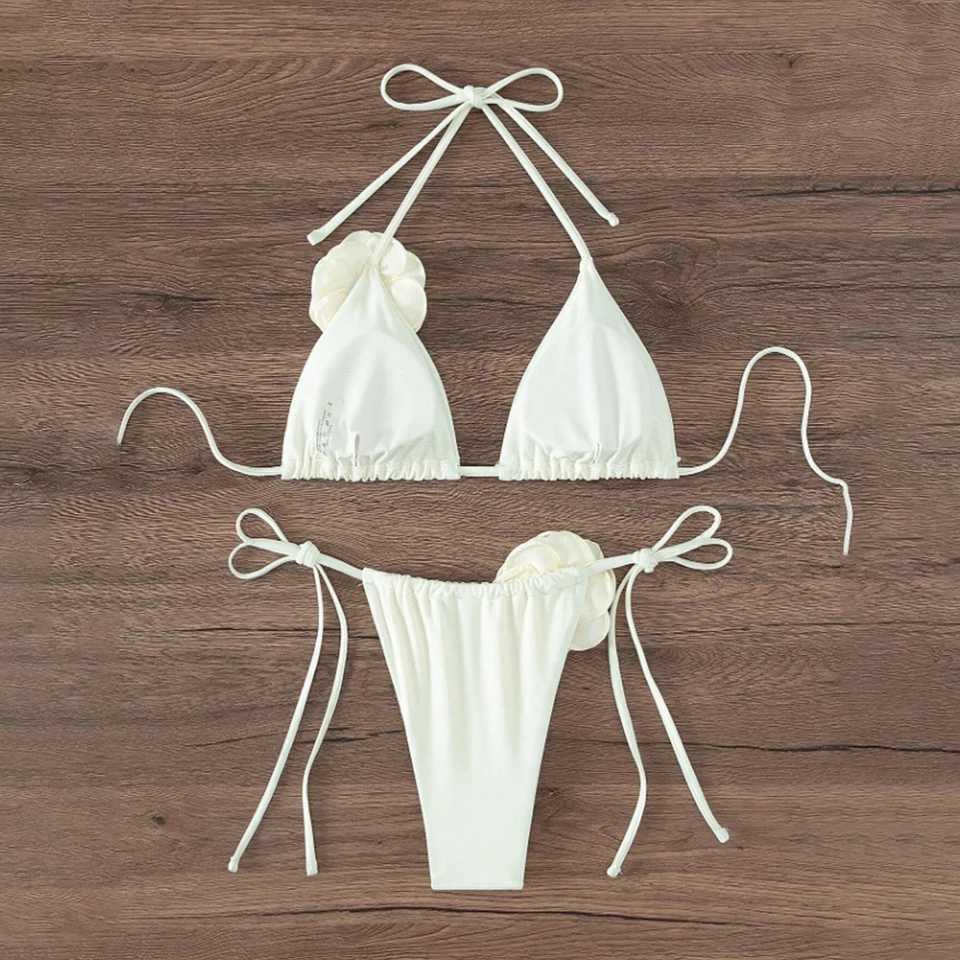Sexy Bikini Swimsuit Suit 3D Flowers Halter Strappy Bikini Women Swimwear Female Swimsuit 2pcs Bikini Set Bather Bathing SuitXJ241223