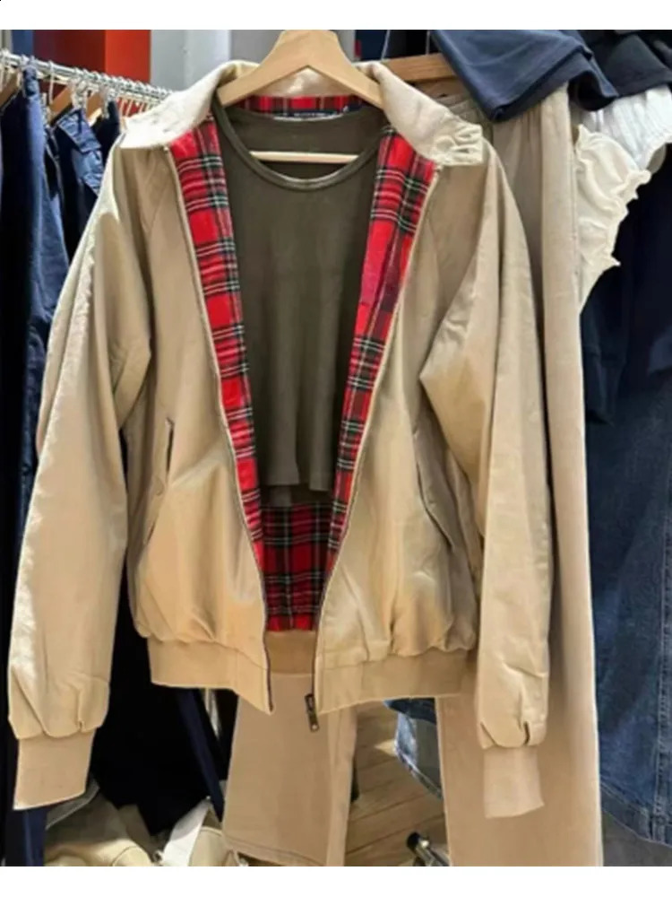 Casual Women Red Checkered Lining Jacket Coats Fall Retro Stand Collar Long Sleeves Solid Color Jakcets Female Chic Outwear 241223