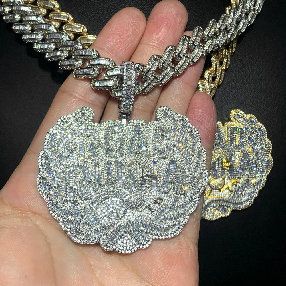 CZ Letter Road Runna Pendant Necklace Iced Out Cubic Zirconia Badge Charm With 14MM Cuban Chain Men Hip Hop Jewelry 241220
