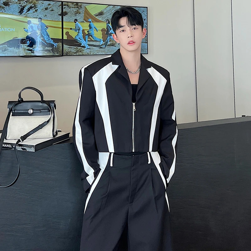 LUZHEN Korean Sets Niche Male Blazers Pu Leather Spliced Suit Coat Wide Leg Suit Pants Two Piece Mens Wear E92e01 241223