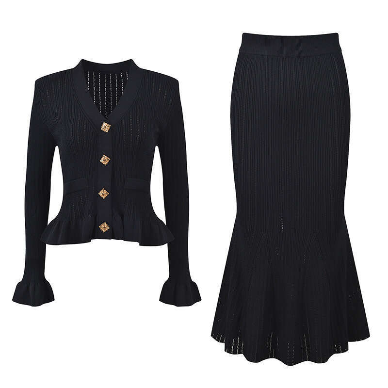 Dress Skirt Set French Elegant Knitted Two Piece Sets Women Ruffle V-Neck Long Sleeve Sweater Top High Waisted Midi Fishtail Skirt Vintage Suits