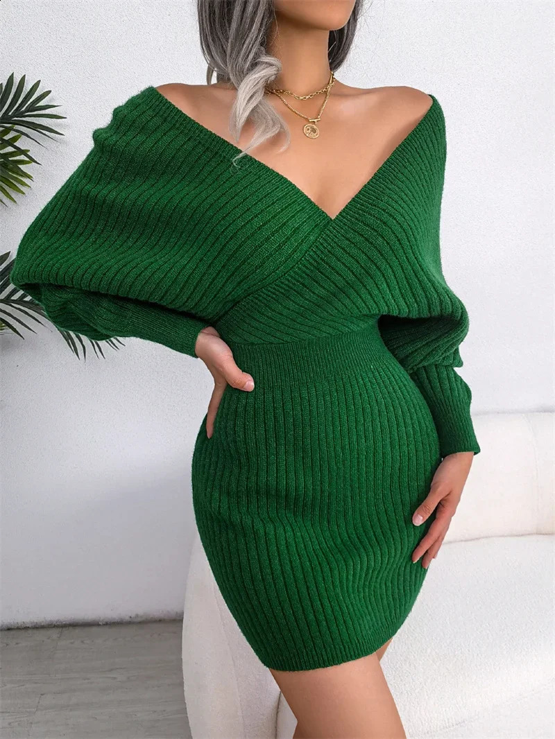 Autumn Winter Sexy Deep V Neck Sweater Dress Fashion Casual Batwing Sleeves Women Pencil Skirt Wrap Hip Dresses Streetwear 241218