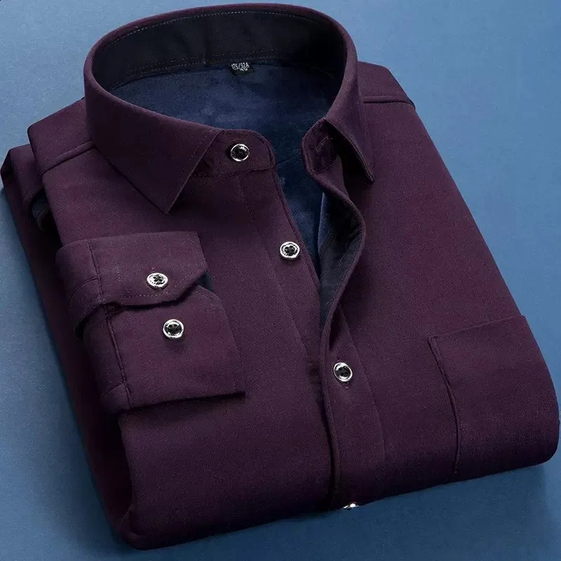 Autumn Winter Men Fleece Warm Shirt Fashion Solid Long Sleeve Business Shirt Plaid Thick Warm Shirts NS5517 241223