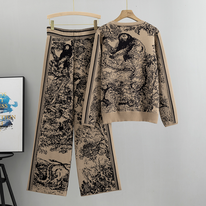 Elegant 2 Pieces Set Knitted Animal Print Sets Women O Neck Sleeve Knitwear+Wide Leg Long Pants Casual Fashion Spring 2023