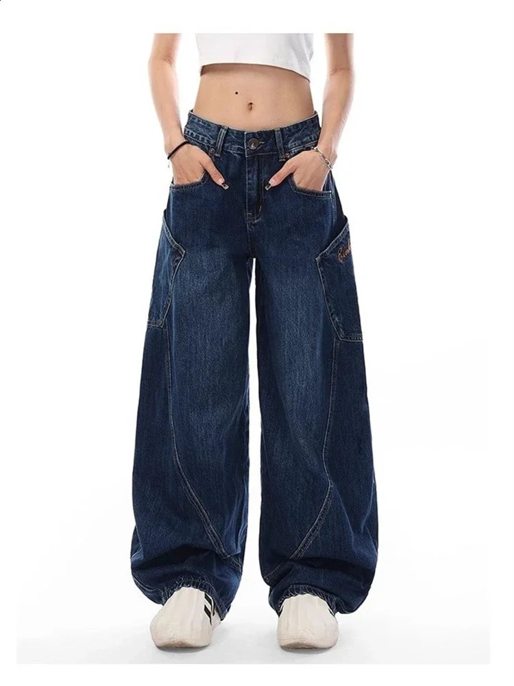 Womens Baggy Wideleg Vintage Blue Style Pants Cool Girl Fashion Jeans Bottoms Female High Waist Straight Large Pocket Trousers 241218