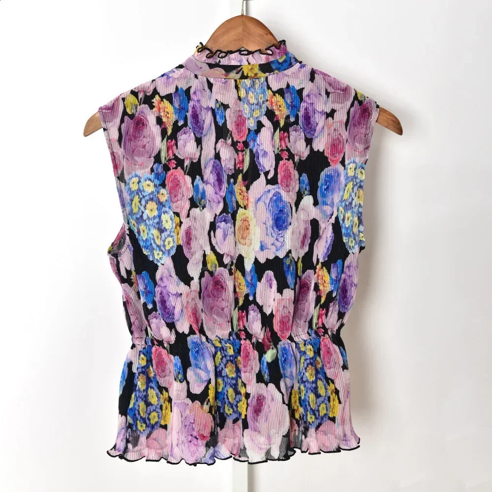 Spring and Summer Laceup Smudged Printed Elastic Waist Sleeveless Blouse Women Shirt Tops 241218