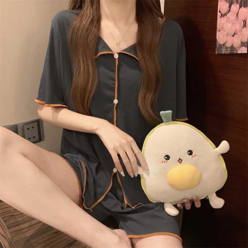 B642-Cherry print long-sleeved lapel pajamas for women, can be worn as outerwear, two-piece suit