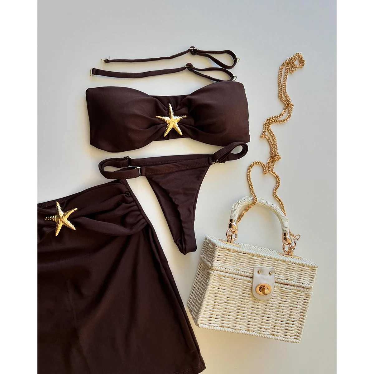 3 Pieces Bikini Set Bandeau Bikini 2024 Sexy Women Swimsuit Shiny Skirt Female Swimwear StarfishBathing Suit Beachwear Cover UpsXJ241223
