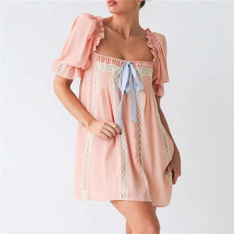 Gaono Womens Cute doll Mini Dress Y2k Square Collar Bow Tassel Dress Fairy Sweetheart Puff Short Sleeve Sundress Summer 241223