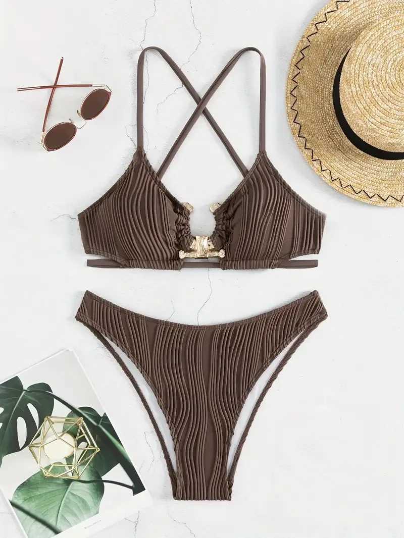 2024 Sexy High Waist Solid Bikini Push Up Swimwear Women Swimsuit Female Two Pieces Beachwear Metal Accessories Bathing SuitsXJ241223
