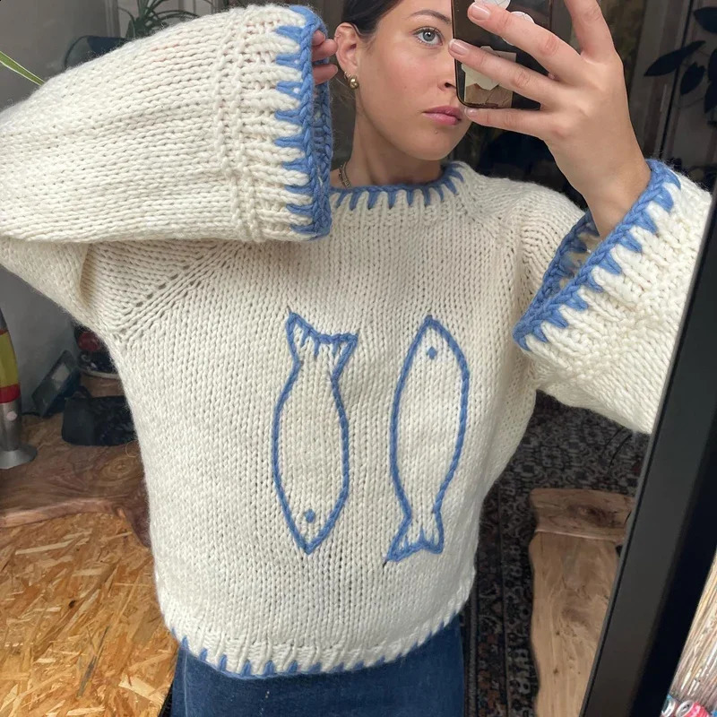 Y2K Aesthetic Fish Contrast Color Warm Sweater for Fall Winter Knitwear Knitted Sweater Vintage Long Sleeve Crew Neck Pullover 241223