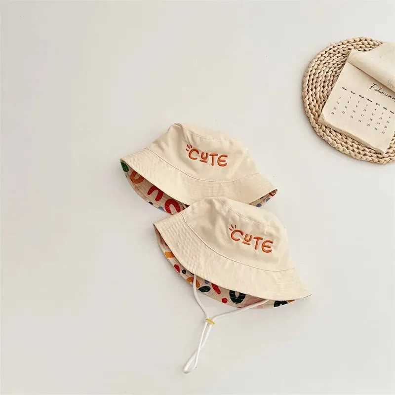Caps Hats Double sided baby bucket hat with embroidered letters for boys and girls fishermans hat for spring and summer outdoor childrens sun hat H241