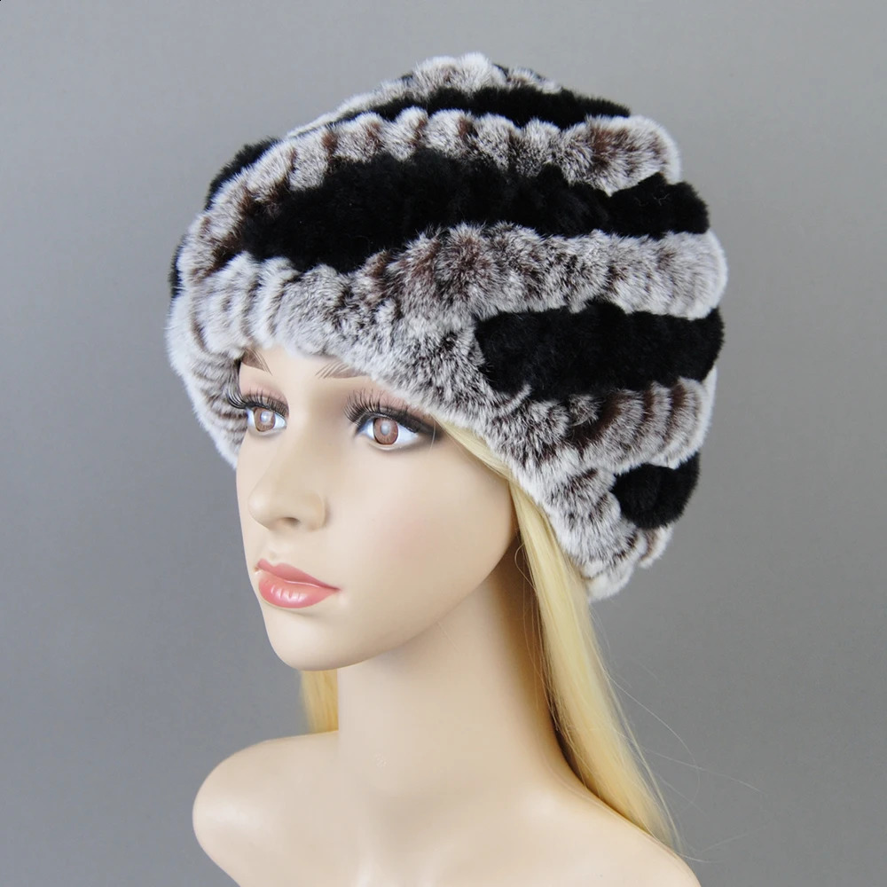 Outdoor Winter Good Elastic Real Fur Hat Women Knitted Natural Rex Rabbit Fur Skullies Cap Warm Soft Real Fur Beanies Hats 241214