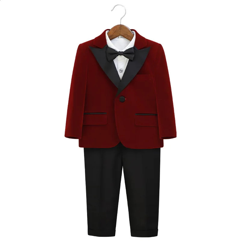 Autumn Boys Red Velvet Suit Set Children Birthday Party Wedding Host Piano Performance Costume Kids Blazer Pants Bowtie Outfit 241223