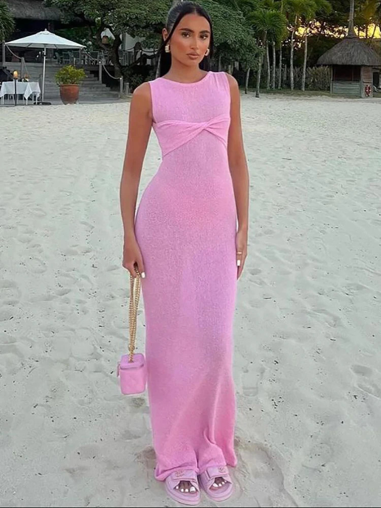 Fantoye Knitted Round Neck Ruched Women Maxi Dress Pink Sleeveless See Through Dress Femme Summer Skinny Elegant Party Beachwear 241223