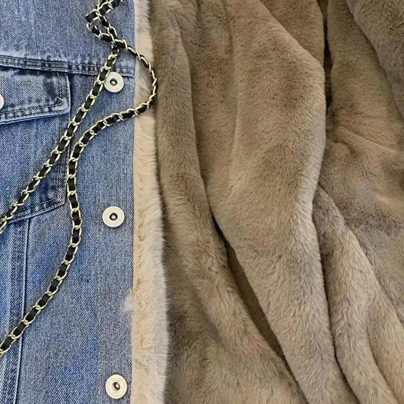 Winter Thicken Denim Jacket Women Two Sides Wearing Lamb Wool Outwear Female Loose Casual Warm Coat Lady POLO Collar Long Sleeve 241220