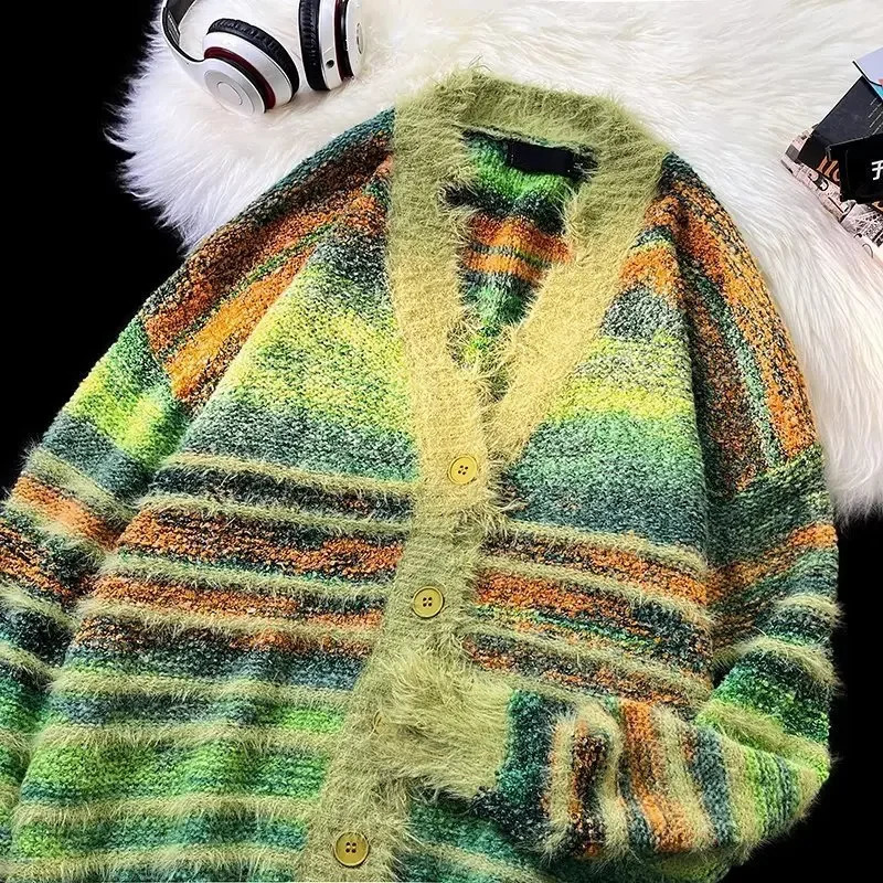 Vintage Rainbow Color Blocking Sweater Knitted Top Cardigan Loose Fit Casual Niche Situation Trendy American Style Idle Style i241223