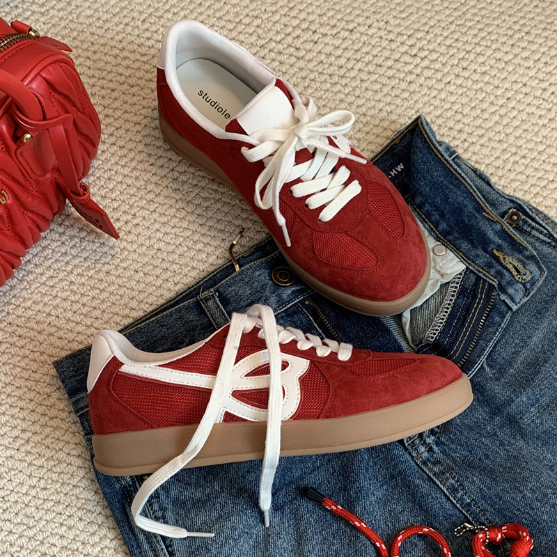 Vintage Match Color Breathable German Training Shoes For Women 2025 Spring Summer Designer Sneaker Round Head Lace-Up Flat All Match Light Casual Shoe
