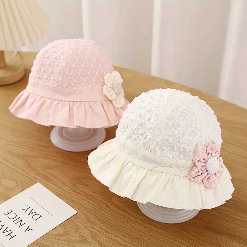 Caps Hats Lace Ruffle Baby Bucket Flower Princess Sunset Fishermans Hat Summer Thin Cotton Newborn UV Protective Sun Hat 3-18M H241223