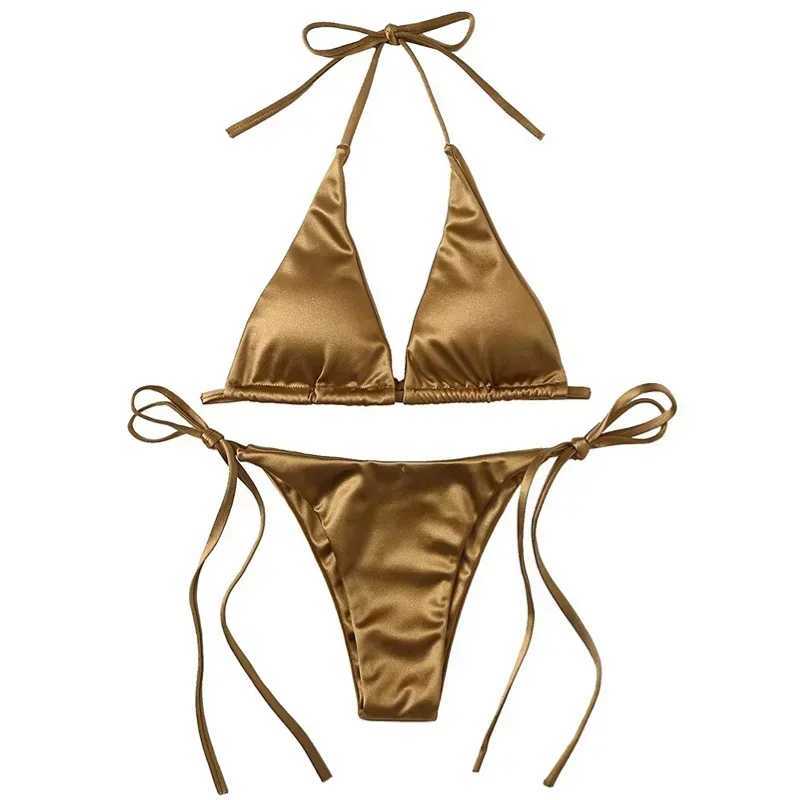 Swimwear Thong Bikini Set Sexy New Gold Swimsuits Woman Sexy Bathing Suits Bikinis Triangle Bandage Female BeachwearXJ241223