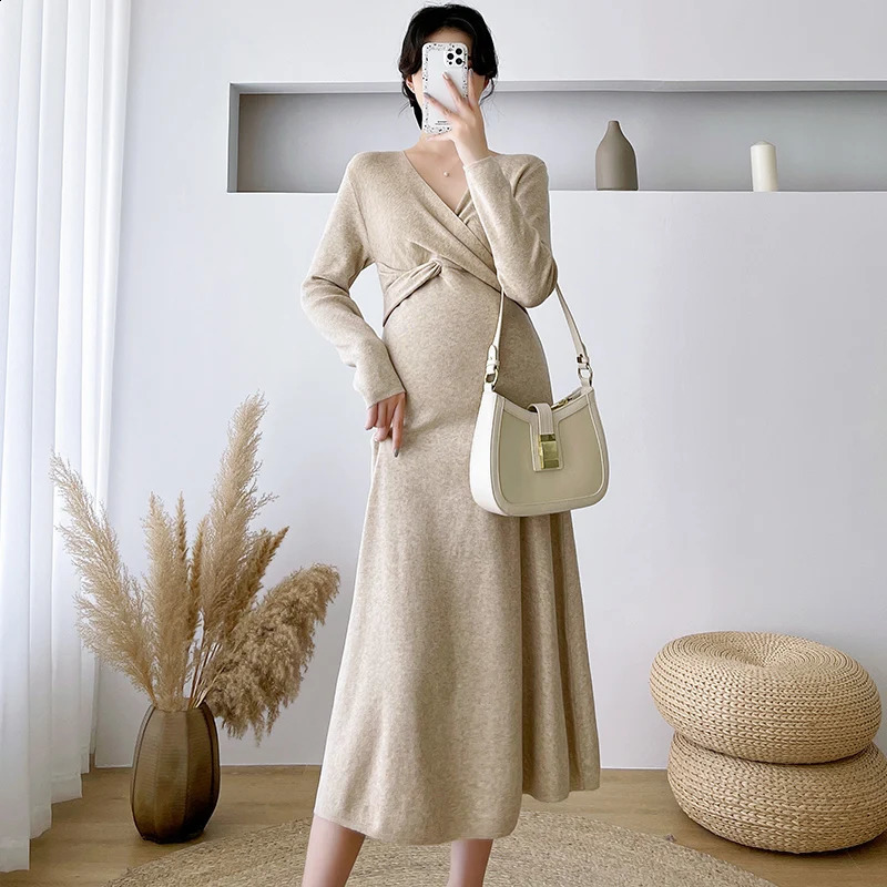O70716# Dress Pregnant Long Sleeve Trendy Fashion Mom Loose Dress Women Maternity Clothes Knitted Mid-Long Pregnancy Dress 241223
