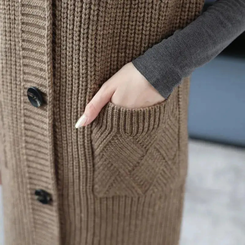 Autumn Winter Women Clothing Sweater Vests Coats Solid Vneck Pocket Sleeveless Fashion Casual Long Knitted Cardigan Tops 241220