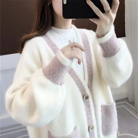 Mink Fleece Sweater Cardigan Womens 2024 Spring and Autumn Thickened Loose Mid Length Knitted Coat Winter Clothe 241220