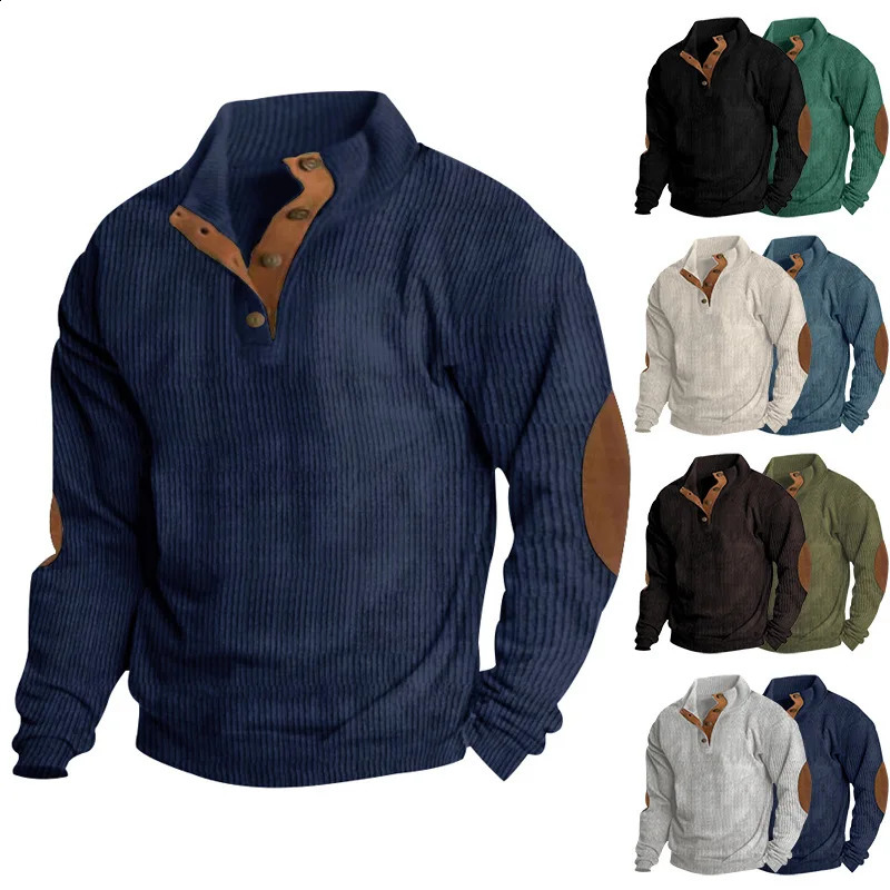 Spring and Autumn casual mens sportswear with standing collar long sleeved patches work straps Corduroy comfortable mens clothing 241223