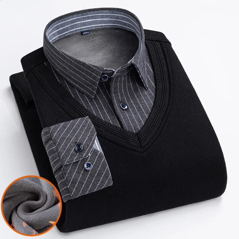 autumn and winter fleece thickened mens shirt long sleeve fake two warm high-quality non-ironing leisure slim fit 241223