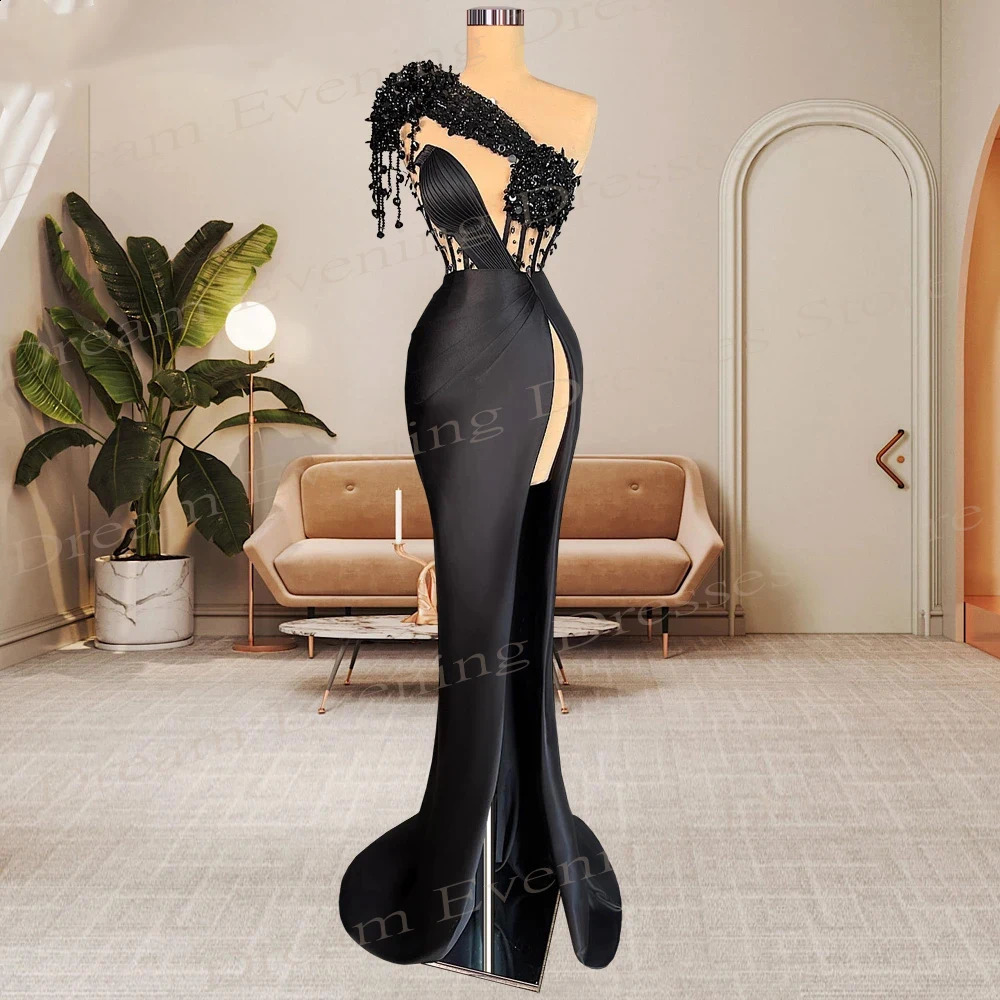 2025 Arabic Dubai Black Mermaid Exquisite Evening Dresses One Shoulder Beading Prom Gowns Side Split Customized Vestido De Festa 241217