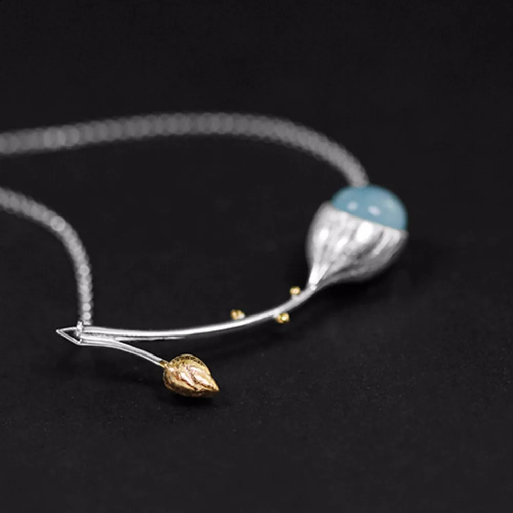 Lotus Fun Moment Real 925 Sterling Silver Natural Stone Handmade Fashion Jewelry Elegant Lotus Buds Necklace for Women 241220