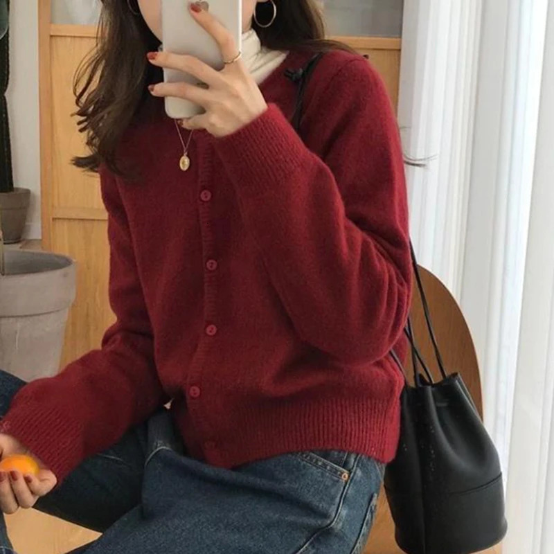 Korean Round Neck Knitted Cardigan Women Autumn Winter Simple Single Breasted Sweaters Woman Solid Color Long Sleeve Cardigans 241220