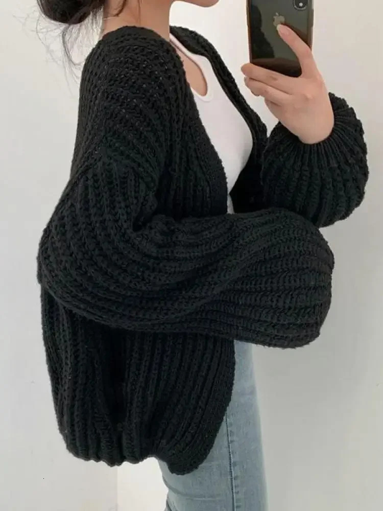 Korea Vintage Harajuku Lantern Sleeve Women Cardigan Sweater Casual Korean Fall Streetwear Tops Coat Chic Lazy Wind Y2k 241220