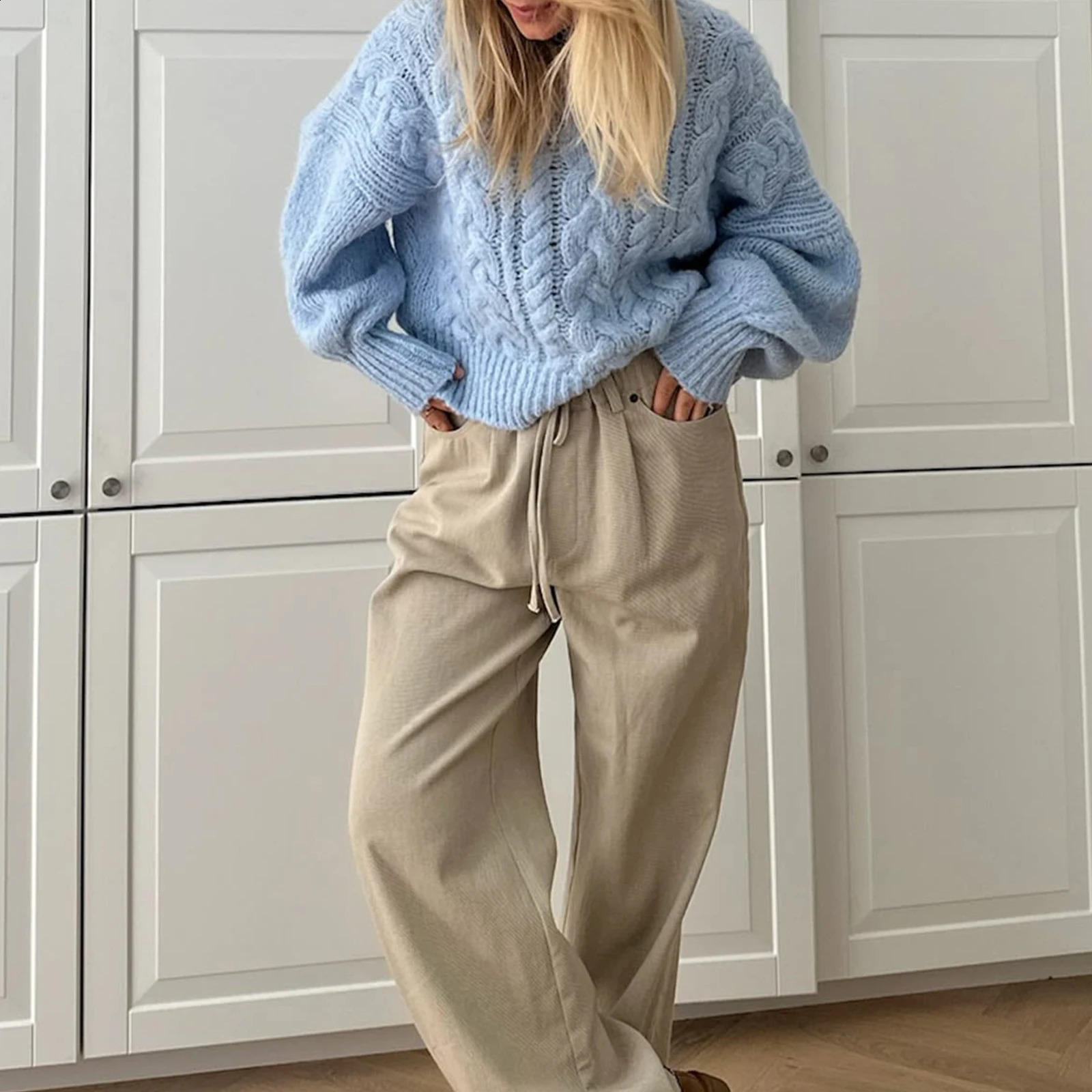 Long Sleeve Jumpers Knitwear Round Neck Solid Color Pullovers Knit Tops Womens Cable Knit Sweaters Fashion Female 241223