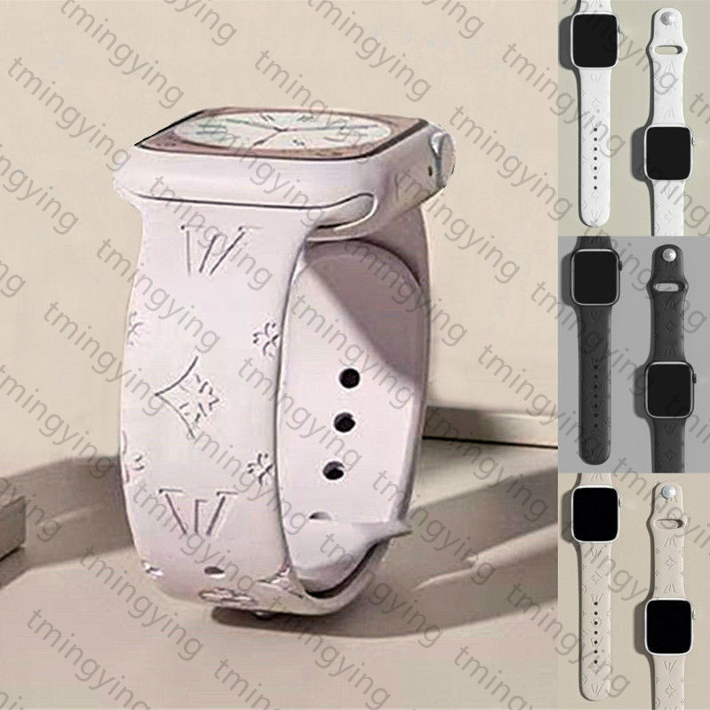 Designer Silicone Apple Watch Band 38 40 41 42 44 45 46 49 mm 11 Straps Fashion Letter Flower Watchs Strap Wristband For Iwatch 10 9 8 7 6 5 SE Bands Luxury Watchbands