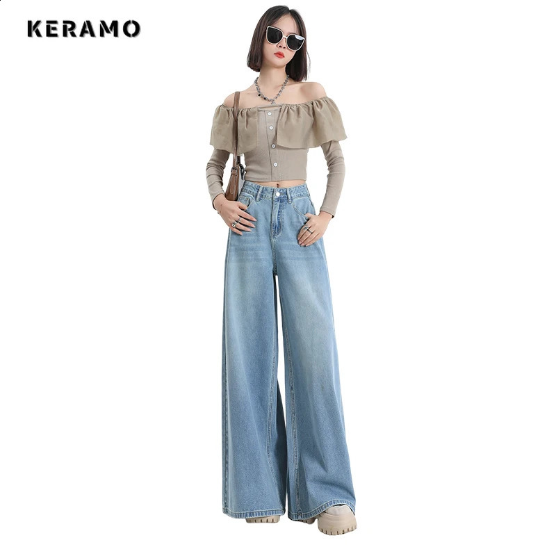 American Retro High Waist Oversized Jeans Pants For Women Casual Baggy Y2K Wide Leg Grunge Streetwear Blue Denim Trouser 241218