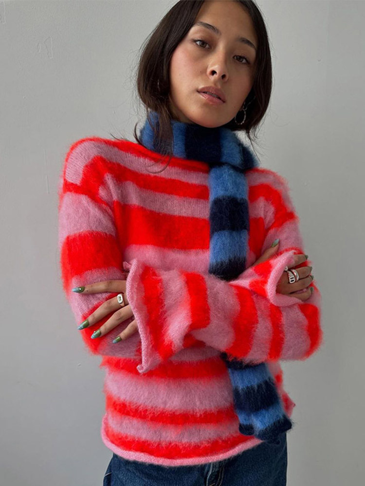 Mohair Striped Sweater Women Contrast Color Knitted O-Neck Long Sleeve Loose Chic Pullover Female Winter New Top Pollover