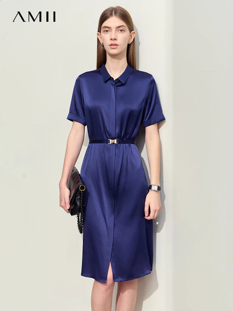 Amii Minimalism Summer Lapel Dress For Women Shortsleeve Mulberry Silk With Belt Office Lady Shirt Dresses 12452107 241218