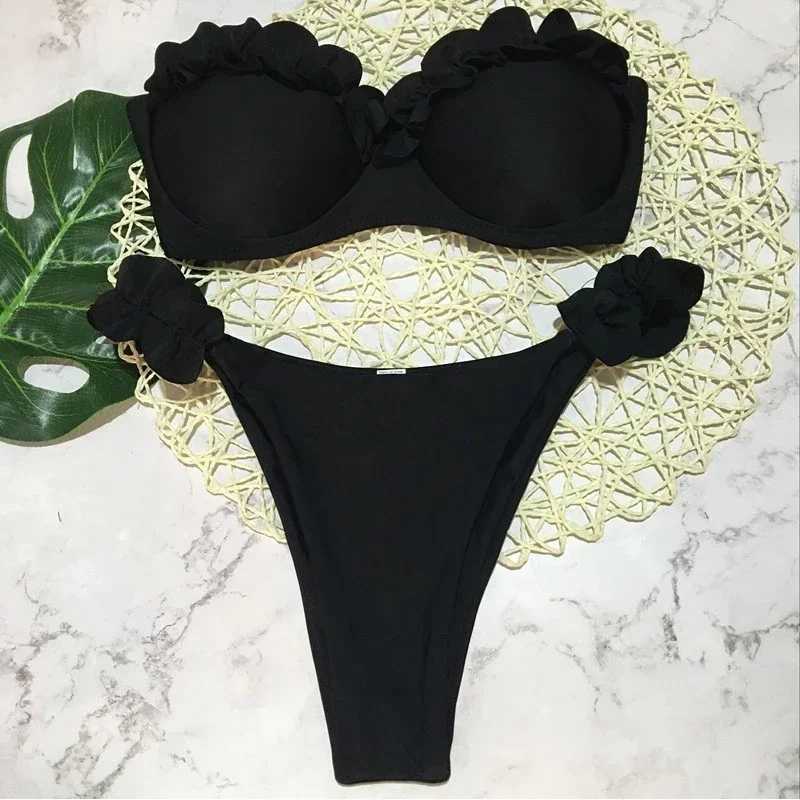 Leopard Print Ruffled Edge Swimwear Bandeau Push Up Bikinis Sets Sexy Swimsuit Women Micro Thong Bathing Suit Bikini 2024 MujerXJ241223