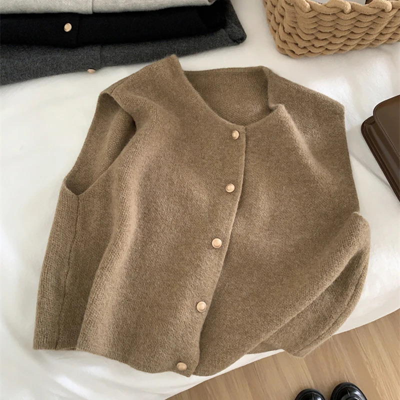 Autumn Women Cardigan Korean Elegant Knitted Sleeveless Female Casual Sweater Tanks Fashion Slim Ladies Tops 241220