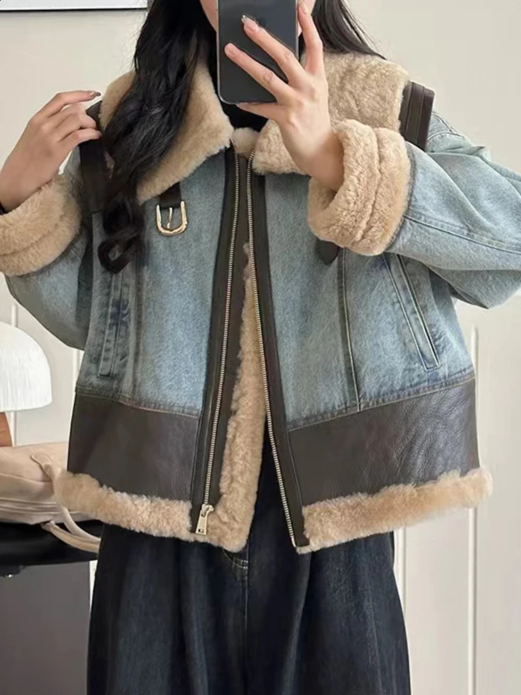 DEAT Fashion Integrated Fur PU Leather Patchwork Denim Jacket Womens Lapel Loose Zipper Motorcycle Jackets Winter 241220