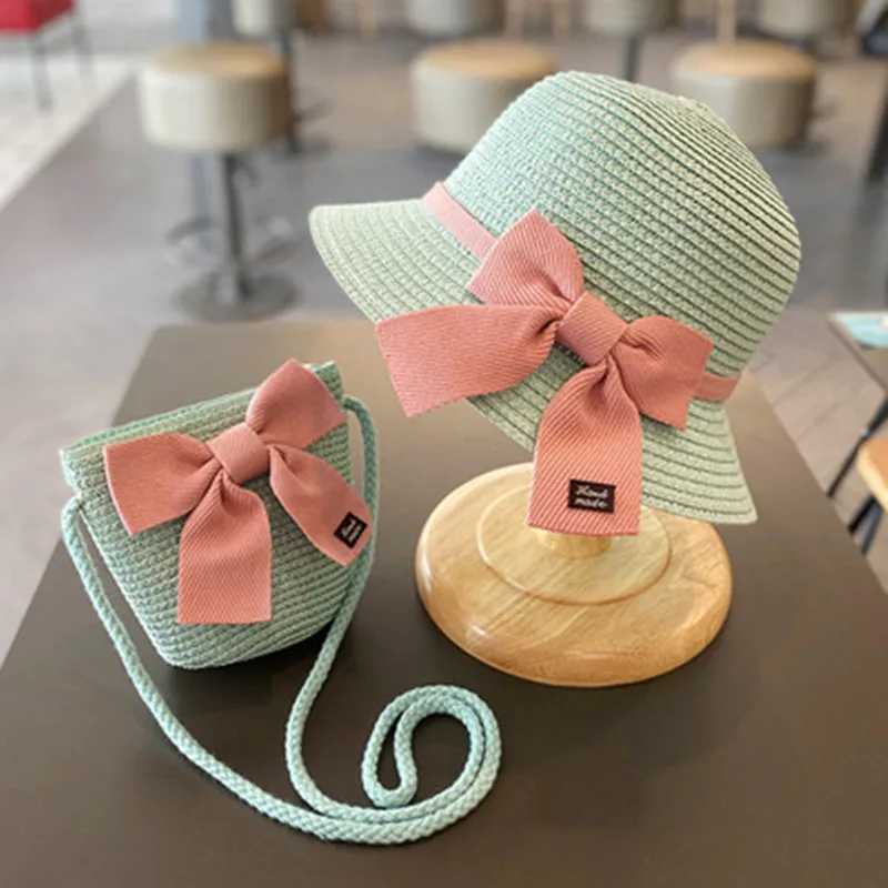 Caps Hats 3-8-year-old girls sunny straw hat and bag 2024 new princess childrens summer outdoor sunny beach hat sun fisherman hat H241223