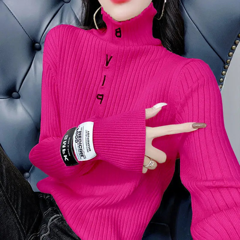 Autumn Winter Fashion Letter Interior Lapping Knitting Top Tee Femme All-match Turtleneck Sweater Long Sleeve Pullovers Tops 241217